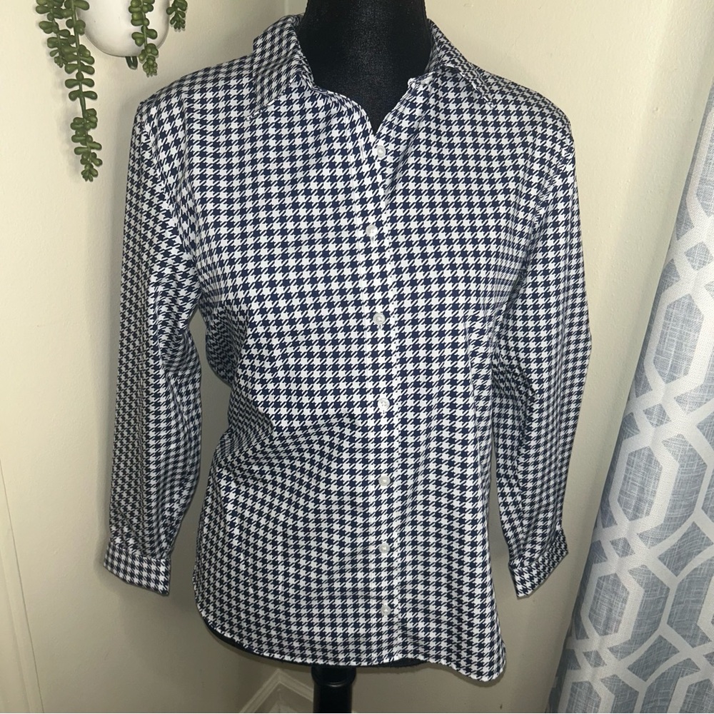 Lands' End Navy and White Houndstooth Shirt
